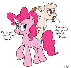 Size: 1280x1231 | Tagged: safe, artist:rapidstrike, pinkie pie, oc, oc:goatmod, goat, g4, climbing, dialogue