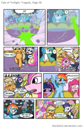 Size: 792x1224 | Tagged: safe, artist:donzatch, applejack, fluttershy, pinkie pie, princess cadance, princess celestia, rainbow dash, rarity, twilight sparkle, alicorn, changeling, pony, comic:tale of twilight, g4, balcony, barrier, beam, comic, female, magic, mane six, mare, twilight sparkle (alicorn)