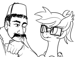 Size: 1152x881 | Tagged: artist needed, safe, oc, oc only, oc:mosina, bat pony, human, pony, fez, glasses, hat, monochrome, wink