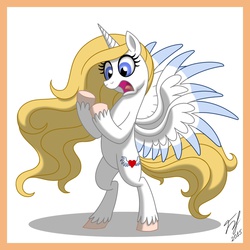 Size: 1000x1000 | Tagged: safe, artist:goldy-gry, oc, oc only, oc:angelissa, alicorn, pony, alicorn oc, baleful polymorph, belly, bipedal, colored wings, long mane, looking at self, open mouth, ponified, round belly, shocked, two toned wings, unshorn fetlocks, vore transformation, wings, you are what you eat