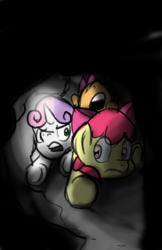Size: 1650x2550 | Tagged: safe, artist:nayolfa, apple bloom, scootaloo, sweetie belle, g4, 30 minute art challenge, cave, cave exploring, cutie mark crusaders, low light, magic