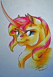Size: 1971x2851 | Tagged: safe, artist:artmadebyred, artist:silent-mockingjay, sunset shimmer, pony, unicorn, g4, bust, female, solo, traditional art, watercolor painting