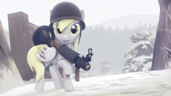 Size: 3840x2160 | Tagged: safe, artist:gergta, derpy hooves, pegasus, pony, g4, 3d, crossover, cute, female, helmet, high res, mare, rocket launcher, sandwich, soldier, soldier (tf2), solo, source filmmaker, team fortress 2
