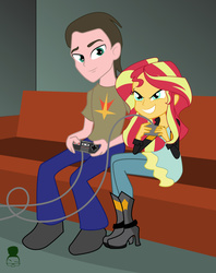 Size: 1280x1620 | Tagged: safe, artist:cjsclopcorner, sunset shimmer, oc, oc:theotakux, equestria girls, g4, canon x oc, controller, couch, nintendo entertainment system, shipping