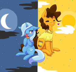 Size: 1149x1082 | Tagged: safe, artist:warriorcats125, cheese sandwich, trixie, pony, unicorn, g4, blushing, cheesixie, cupcake, female, heart, male, mare, moon, shipping, straight, sun