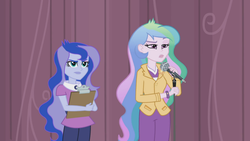 Size: 1920x1080 | Tagged: safe, screencap, princess celestia, princess luna, principal celestia, vice principal luna, equestria girls, g4, my little pony equestria girls: friendship games, annoyed, celestia is not amused, clipboard, duo, female, luna is not amused, microphone, unamused