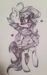 Size: 527x844 | Tagged: safe, artist:murderbunnie, pegasus, anthro, blushing, heart, monochrome, solo, traditional art