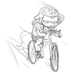 Size: 1185x1214 | Tagged: safe, artist:nobody, fluttershy, semi-anthro, g4, bicycle, bike shorts, clothes, female, floppy ears, frown, glare, helmet, hoof hold, monochrome, shirt, sketch, solo