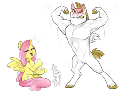 Size: 1368x1024 | Tagged: safe, artist:dragonfoxgirl, angel bunny, bulk biceps, fluttershy, pegasus, pony, g4, armpits, female, flexing, handsome hunky bulky, laughing, male, ship:flutterbulk, shipping, simple background, straight, transparent background
