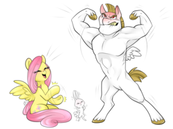 Size: 1368x1024 | Tagged: safe, artist:dragonfoxgirl, angel bunny, bulk biceps, fluttershy, pegasus, pony, semi-anthro, g4, armpits, female, flexing, handsome hunky bulky, laughing, male, ship:flutterbulk, shipping, simple background, straight, transparent background