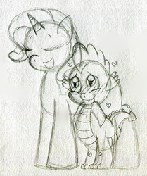 Size: 826x986 | Tagged: safe, artist:puccafangirl, rarity, spike, g4, blushing, female, heart, male, monochrome, ship:sparity, shipping, sketch, straight, traditional art