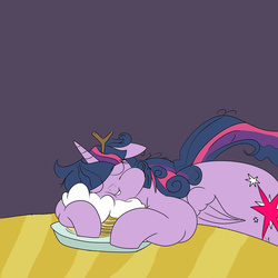 Size: 2000x2000 | Tagged: safe, artist:mad'n evil, color edit, twilight sparkle, alicorn, pony, chubby cheeks, colored, fat, female, i'm pancake, mare, messy mane, obese, pancakes, scene interpretation, sleeping, tired twilight, twilard sparkle, twilight sparkle (alicorn)