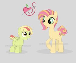 Size: 960x800 | Tagged: safe, artist:shadobabe, oc, oc only, oc:apple stitch, oc:sugar buzz, blank flank, brother and sister, cutie mark, offspring, parent:big macintosh, parent:fluttershy, parents:fluttermac, simple background, watermark