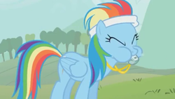 Size: 960x540 | Tagged: safe, screencap, rainbow dash, call of the cutie, g4, blowing, coach, eyes closed, female, headband, kite flying, puffy cheeks, rainblow dash, rainbow dashs coaching whistle, solo, spit, spitting, whistle, whistle necklace