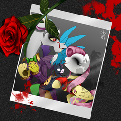 Size: 1181x1181 | Tagged: safe, artist:supermare, discord, fluttershy, draconequus, pegasus, pony, g4, batman, blood, blood splatter, crossover, eyes closed, female, grin, harley quinn, jokercord, male, photo, rose, ship:discoshy, shipping, smiling, straight, the joker