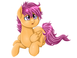 Size: 454x340 | Tagged: safe, artist:baffleddingo, scootaloo, g4, :o, female, frown, looking up, messy mane, open mouth, prone, simple background, solo, transparent background