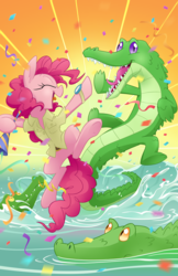 Size: 1650x2550 | Tagged: safe, artist:equestria-prevails, gummy, pinkie pie, alligator, earth pony, pony, g4, clothes, confetti, eyes closed, female, jumping, mare, midair, older, open mouth, open smile, shirt, smiling, watch, water, wristwatch