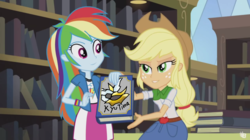 Size: 1280x719 | Tagged: safe, edit, edited screencap, screencap, applejack, rainbow dash, giratina, kyurem, equestria girls, g4, my little pony equestria girls: friendship games, bedroom eyes, book, fanfic, inverted mouth, pokémon, we like this book, yearbook meme