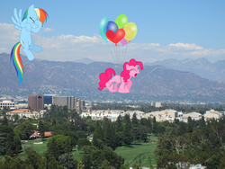 Size: 4000x3000 | Tagged: safe, artist:hawk9mm, artist:sairoch, artist:waycool64, pinkie pie, rainbow dash, g4, balloon, california, facehoof, flying, hollywood, irl, logo, los angeles, mountain, photo, ponies in real life, screaming, then watch her balloons lift her up to the sky, vector, warner brothers