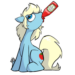 Size: 1500x1500 | Tagged: dead source, safe, artist:inkypsycho, oc, oc only, oc:ktchip, pony, cutie mark, drinking, ketchup, simple background, sitting, solo, white background
