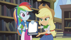 Size: 1280x719 | Tagged: safe, screencap, applejack, rainbow dash, equestria girls, g4, my little pony equestria girls: friendship games, book, don't read this book, female, frown, meme, meme template, template, yearbook meme
