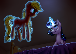 Size: 3851x2740 | Tagged: safe, artist:nadnerbd, applejack, rarity, earth pony, pony, unicorn, fanfic:how far away you roam, g4, bed, fanfic, fanfic art, female, glowing, glowing horn, high res, horn, lesbian, levitation, magic, ship:rarijack, shipping