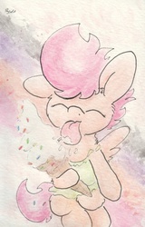 Size: 686x1073 | Tagged: safe, artist:slightlyshade, scootaloo, pegasus, pony, g4, cute, female, filly, foal, ice cream, licking, pretty, solo, tongue out, traditional art