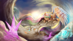 Size: 3000x1688 | Tagged: safe, artist:blindcoyote, princess celestia, g4, cloud, cloudy, elements of harmony, eyes closed, female, prone, sleeping, smiling, solo