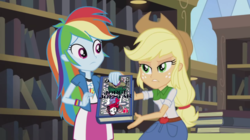 Size: 1280x719 | Tagged: safe, edit, edited screencap, screencap, applejack, rainbow dash, equestria girls, g4, my little pony equestria girls: friendship games, book, crack fic, don't read this book, george joestar, george joestar ii, jojo's bizarre adventure, jorge joestar, jorge joestar ii, lisa lisa, mind screw, novel, this will end in tears and/or death, why, yearbook meme