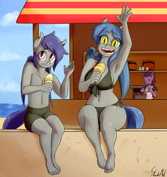 Size: 1400x1480 | Tagged: safe, artist:skecchiart, oc, oc only, oc:dusk rhine, oc:racket rhine, bat pony, anthro, plantigrade anthro, anthro oc, armpits, barefoot, bat pony oc, beach, belly button, bikini, brother and sister, clothes, curvy, cute, duo, feet, ice cream, looking at you, ocean, sitting, size difference, smaller male, swimsuit, topless, waving, wings