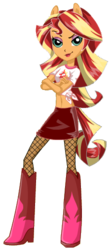 Size: 225x509 | Tagged: safe, sunset shimmer, equestria girls, g4, belly button, clothes, crossed arms, cutie mark, cutie mark on clothes, design, female, fishnets, human facial structure, knee-high boots, leather skirt, midriff, miniskirt, ponied up, shirt, shirt design, side knot midriff, simple background, skirt, smirk, solo, t-shirt, transparent background, zettai ryouiki