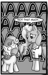 Size: 521x813 | Tagged: safe, artist:anibaruthecat, sweetie belle, oc, oc:cobalt, comic:cutiemark check-up, g4, canon x oc, cropped, monochrome, sweetie derelle