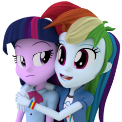 Size: 1000x1000 | Tagged: safe, artist:creatorofpony, artist:masiong, rainbow dash, twilight sparkle, equestria girls, g4, 3d, annoyed, clothes, collar, female, happy, shirt, t-shirt, teenager, twilight sparkle (alicorn), wristband