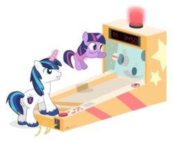 Size: 825x675 | Tagged: safe, artist:dm29, shining armor, twilight sparkle, g4, cheating, colt, duo, filly, foal, magic, simple background, skeeball, teamwork, transparent background, twily, younger