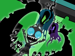 Size: 1500x1120 | Tagged: safe, artist:zimvader42, queen chrysalis, oc, oc:princess nymph, changeling, g4, almighty tallest, almighty tallest purple, almighty tallest red, crossover, invader zim, parody, purple changeling, zim