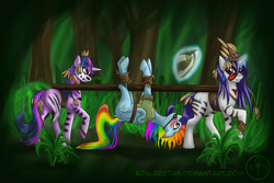 Size: 1800x1200 | Tagged: safe, artist:adalbertus, daring do, rainbow dash, rarity, twilight sparkle, pegasus, pony, unicorn, g4, bit gag, blushing, bodypaint, bondage, bound wings, butt, carrying, clothes, eyes on the prize, female, gag, grin, hat, hogtied, looking at butt, mare, plot, rope, suspended, tribal