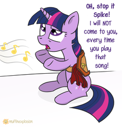 Size: 1244x1292 | Tagged: safe, artist:muffinexplosion, twilight sparkle, g4, dialogue, epona's song, female, implied spike, music notes, saddle, simple background, solo, the legend of zelda, white background