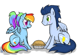 Size: 979x700 | Tagged: dead source, safe, artist:hahasauce, rainbow dash, soarin', pegasus, pony, g4, alternate hairstyle, backwards cutie mark, blushing, duo, female, male, old cutie mark, pie, ponytail, ship:soarindash, shipping, straight, that pony sure does love pies