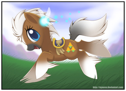 Size: 1036x748 | Tagged: safe, artist:nyaasu, earth pony, fairy, pony, crossover, epona, epony, female, fluffy, mare, navi, ponified, solo, the legend of zelda, unshorn fetlocks