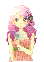 Size: 1024x1448 | Tagged: dead source, safe, artist:lovecupcake20, fluttershy, human, g4, clothes, female, flower, flower in hair, humanized, looking at you, rainbow power, simple background, solo, white background