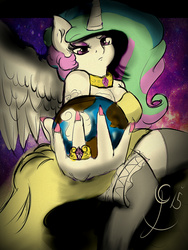 Size: 1536x2048 | Tagged: safe, artist:thelunarmoon, princess celestia, earth pony, anthro, g4, female, giantess, giantlestia, macro, pony bigger than a planet, ring, solo