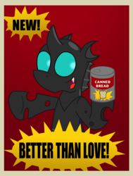 Size: 1520x2014 | Tagged: safe, artist:sketchymouse, changeling, advertising, canned bread, parody, poster, solo, spongebob squarepants, squidville, underhoof