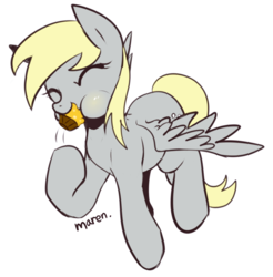 Size: 747x759 | Tagged: safe, artist:maren, derpy hooves, pegasus, pony, g4, cute, eyes closed, female, food, mare, muffin, simple background, solo, that pony sure does love muffins, white background