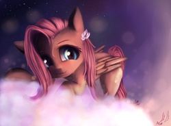 Size: 1900x1400 | Tagged: safe, artist:miokomata, fluttershy, g4, fangs, female, flower in hair, looking at you, smiling, solo