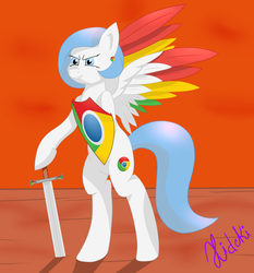 Size: 2800x3000 | Tagged: safe, artist:hideki, oc, oc only, oc:google chrome, semi-anthro, browser ponies, colored wings, colored wingtips, google, google chrome, high res, multicolored wings, shield, sunset, sword
