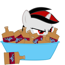 Size: 960x960 | Tagged: safe, oc, oc only, oc:blackjack, pony, unicorn, fallout equestria, fallout equestria: project horizons, alcohol, bottle, fanfic, fanfic art, female, forever, horn, mare, simple background, solo, tub, whiskey, white background