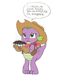 Size: 685x845 | Tagged: safe, artist:carnifex, spike, g4, barb, burned, cowgirl, dialogue, female, pie, rule 63, solo