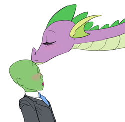 Size: 748x730 | Tagged: safe, artist:carnifex, spike, oc, oc:anon, dragon, human, g4, :o, barb, blushing, eyes closed, female, male, older, older spike, rule 63, shipping, straight, surprised