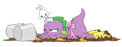 Size: 1240x480 | Tagged: safe, artist:carnifex, angel bunny, spike, dragon, g4, apron, barb, clothes, mud, naked apron, rule 63