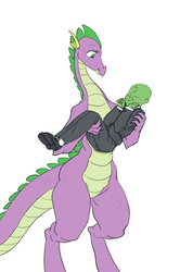 Size: 812x1140 | Tagged: safe, artist:carnifex, spike, oc, oc:anon, dragon, human, g4, barb, carrying, female, male, older, older spike, rule 63, shipping, straight